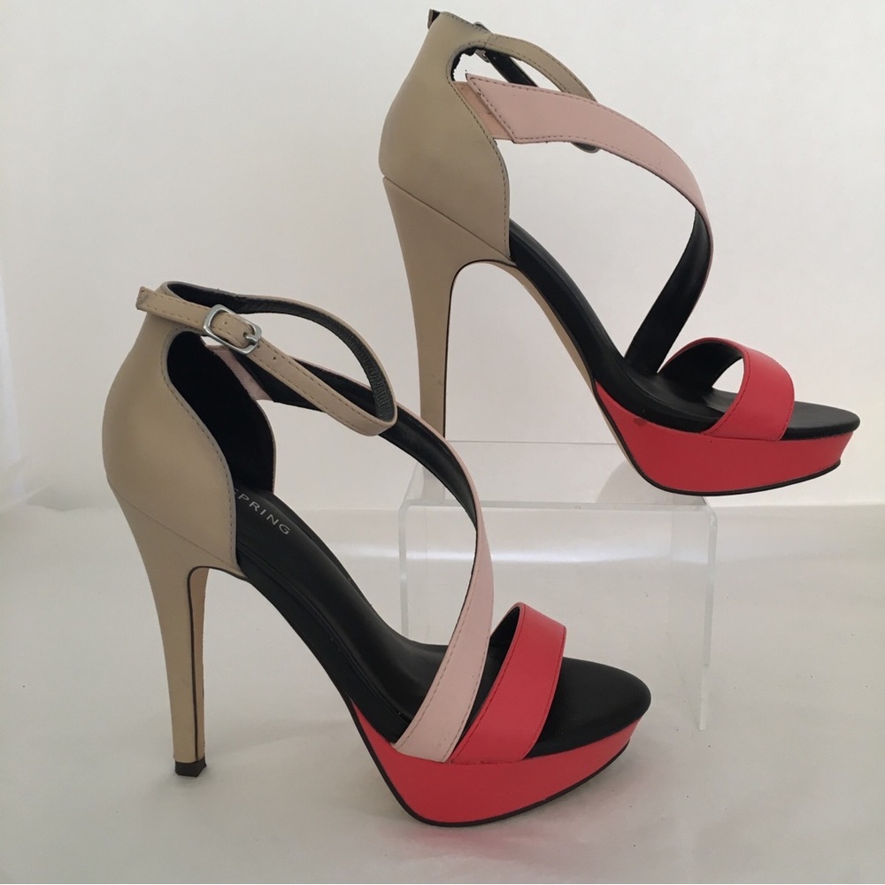 Spring Heel Shoe Sz 7 Ankle Strap 2” Platform 5+” Tall Tan Pink Coral Stilettos